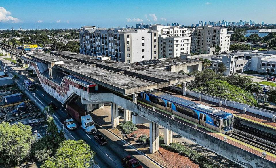 A train leaves the Northside Metrorail Station on Northwest 79th Street. 