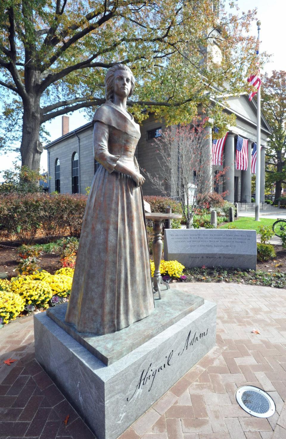 The bronze statue of Quincy First Lady Abigail Adams graces the Hancock-Adams Common in Quincy following a dedication ceremony, Saturday, Nov. 5, 2022.