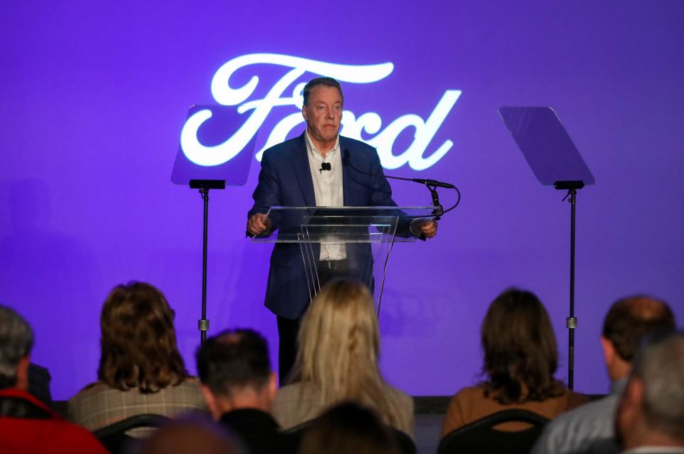 Bill Ford spoke about the Ford company and ongoing strike at the Rouge Visitor Center on Monday, Oct 16 2023.