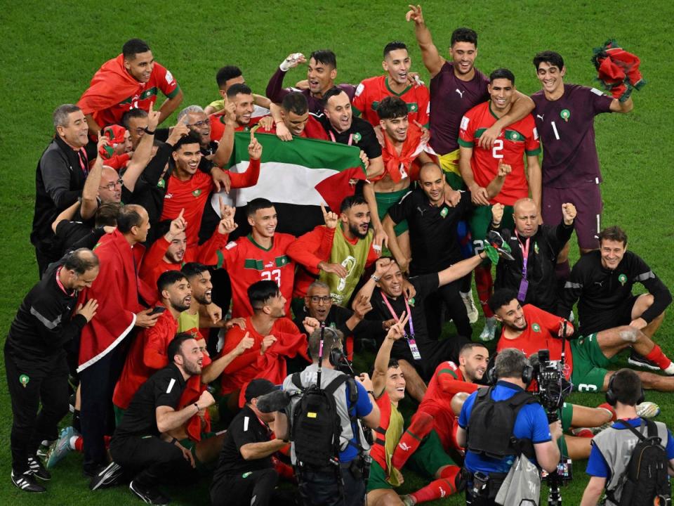 Morocco celebrated a famous win over Spain (AFP via Getty Images)