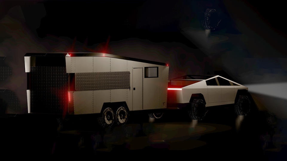 A rear 3/4 view of the Living Vehicle CyberTrailer being towed by a Tesla Cybertruck