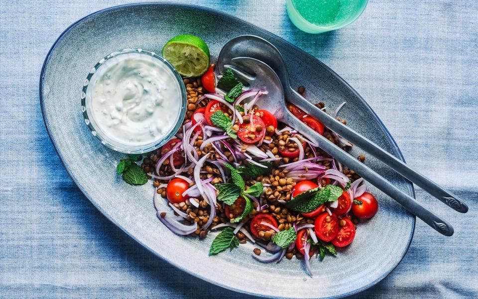 Lentil, tomato and goats cheese salad