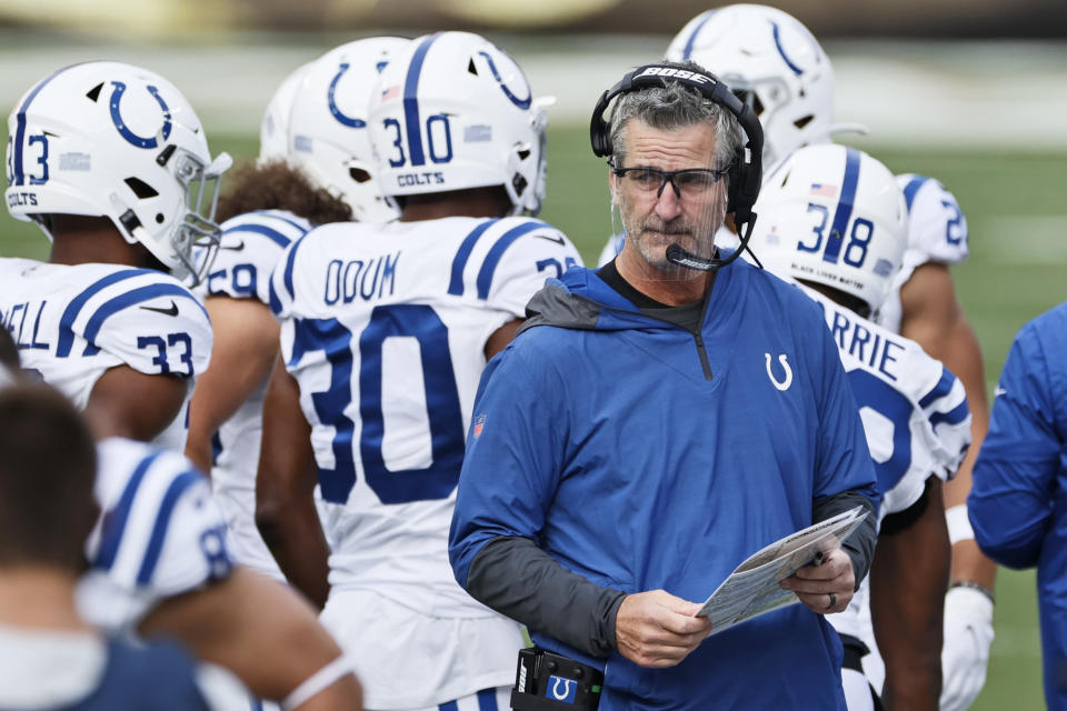 Indianapolis Colts head coach Frank Reich and his team are working remotely on Friday after positive COVID-19 tests within the organization. (AP Photo/Ron Schwane)
