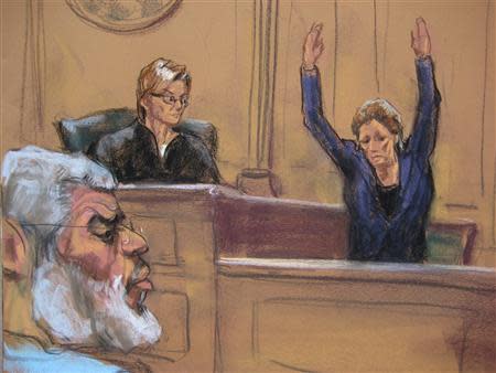 Abu Hamza al-Masri, the radical Islamist cleric facing U.S. terrorism charges, listens while former hostage Mary Quin, a hostage, who interviewed Abu Hamza at his north London mosque nearly two years after a kidnapping about his alleged involvement, testifies in Manhattan federal court in New York in this artist's sketch May 7, 2014. REUTERS/Jane Rosenberg/Handout