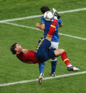 GDANSK, POLAND - JUNE 10: Sergio Ramos (front) of Spain tries to score with a bicycle-kick against Christian Maggio of Italy during the UEFA EURO 2012 group C match between Spain and Italy at The Municipal Stadium on June 10, 2012 in Gdansk, Poland. (Photo by Alex Grimm/Getty Images)