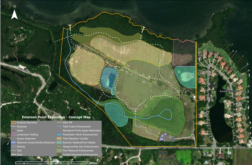 A concept map for 98 acres of land that will be added to the Emerson Point Preserve. Image courtesy of Manatee County.