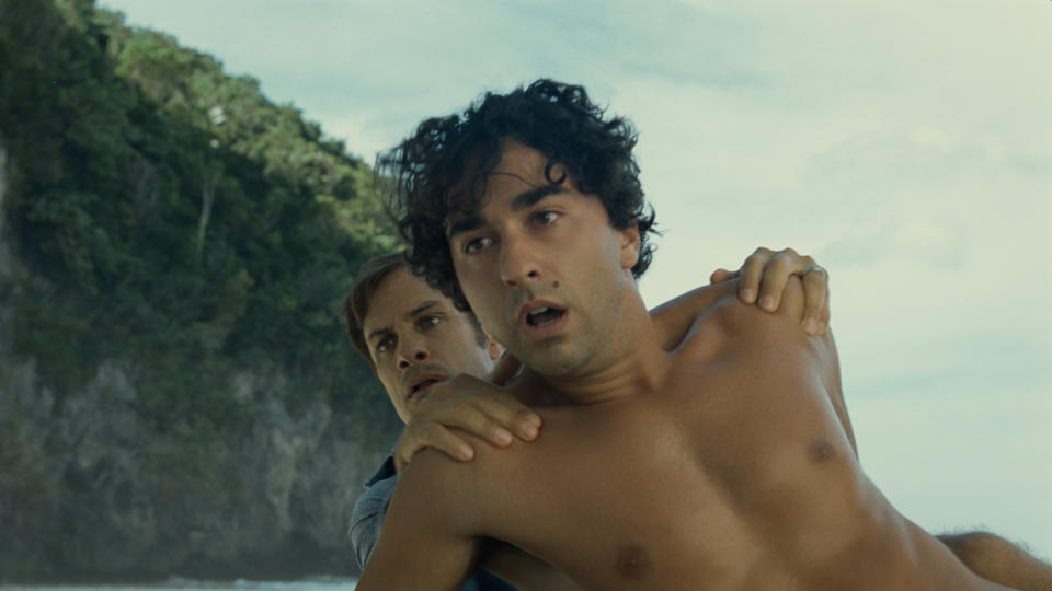 (from left) Guy (Gael GarcÃ­a Bernal) and Trent (Alex Wolff) in Old, written for the screen and directed by M. Night Shyamalan.