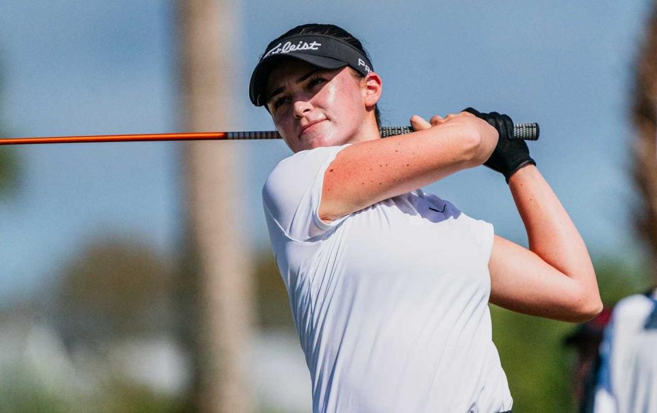 Briana Chacon of Whitter, Calif., watches one of her drives during the final round of the Epson Tour Atlantic Beach Classic on March 24, 2024 at the Atlantic Beach Country Club in Atlantic Beach, Fla. Chacon won by one shot with a birdie on the final hole.