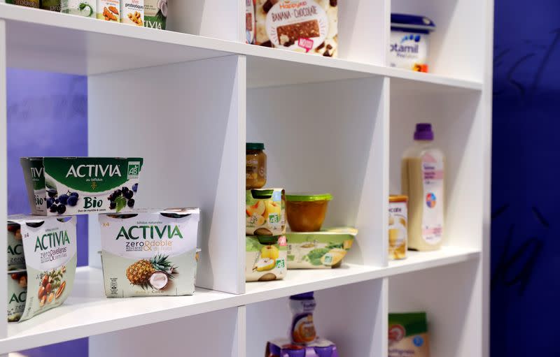 Products are displayed before French food group Danone's 2019 annual results presentation in Paris