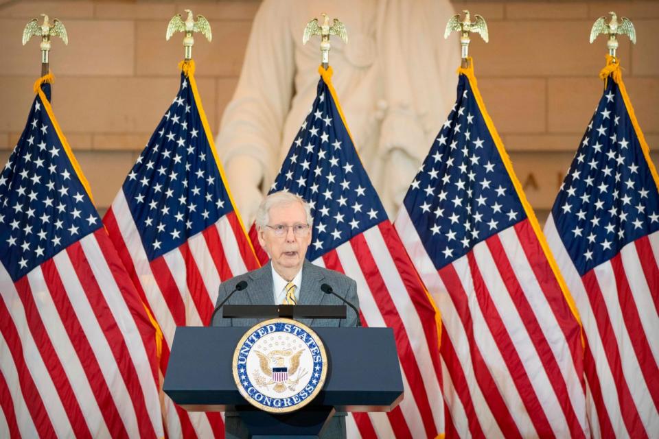 PHOTO: Senate Minority Leader Mitch McConnell speaks during a ceremony to honor members of the Ghost Army, a secretive WWII-era unit, with the Congressional Gold Medal on Capitol Hill, March 21, 2024. (Mark Schiefelbein/AP)