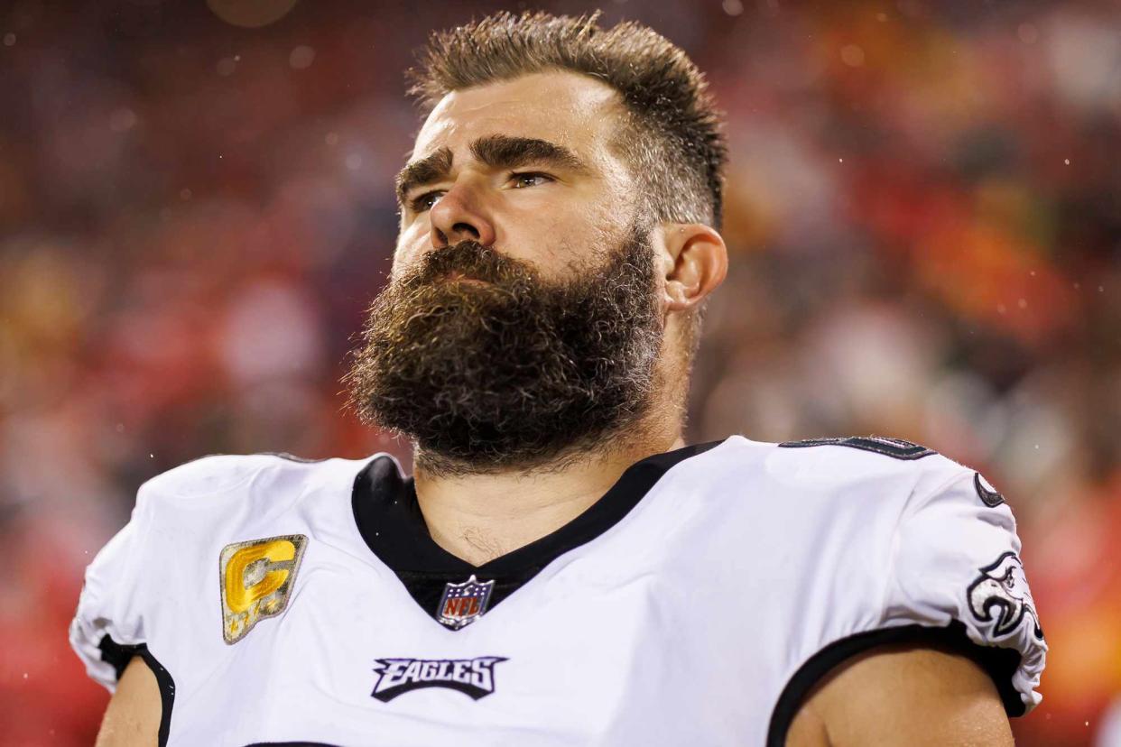 <p>Ryan Kang/Getty</p> Jason Kelce of the Philadelphia Eagles looks on from the sideline before an NFL football game against the Kansas City Chiefs