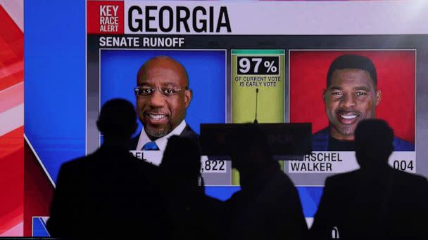 PHOTO: Supporters of Reverend Raphael Warnock attend a election night party after polls closed for the U.S. midterm runoff elections between Warnock and his Republican challenger Herschel Walker in Atlanta, on Dec. 6, 2022. (Carlos Barria/Reuters)