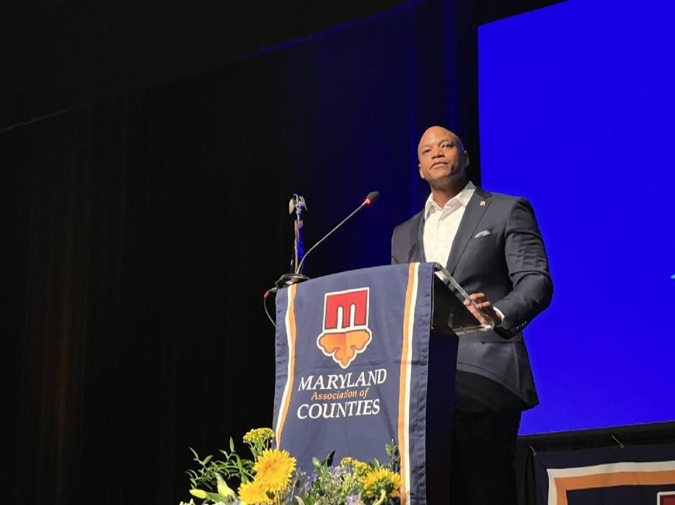 Democratic Gov. Wes Moore delivers an economic policy address at the Maryland Association of Counties summer conference in Ocean City on Saturday, August 19, 2023. He called on local officials to help grow the state's economy.