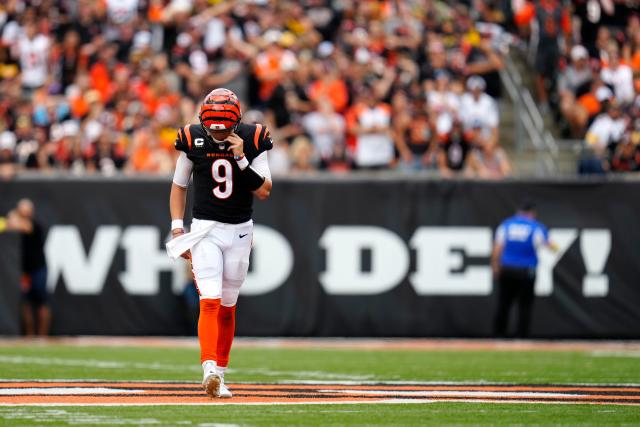 Cincinnati Bengals quarterback Joe Burrow (9) reacts after a loss