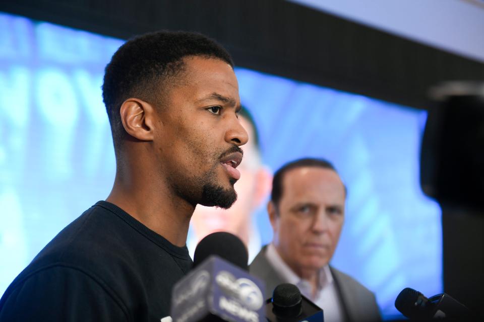 Providence College men's basketball head coach Kim English speaks to media following the NCAA March Madness bracket announcements at the Ruane Friar Development Center.