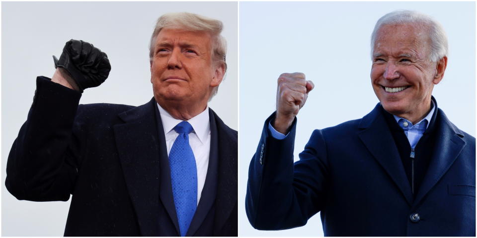 A combination picture shows U.S. President Donald Trump pumping his fist during a campaign event at Capital Region International Airport in Lansing, Michigan, U.S. October 27, 2020, and Democratic U.S. presidential nominee and former Vice President Joe Biden making a fist during a drive-in campaign stop in Des Moines, Iowa, U.S., October 30, 2020. REUTERS/Jonathan Ernst/Brian Snyder/File Photos