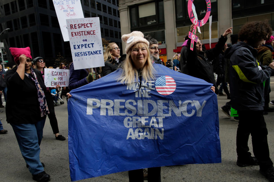 <p>People take part in the Women’s March in Manhattan in New York City, Jan. 20, 2018. (Photo: Eduardo Munoz/Reuters) </p>