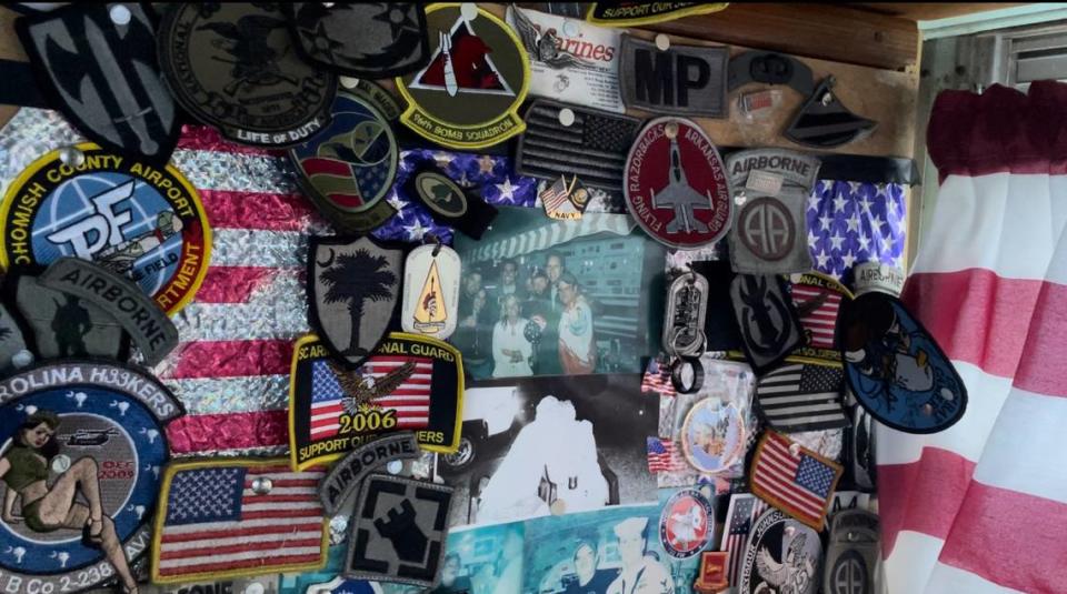 Here’s a wall of pictures and military patches in the bus driven by Chris Afew. The bus has sat in the Charlotte Motor Speedway infield for decades and was there again Sunday, May 28, 2023.