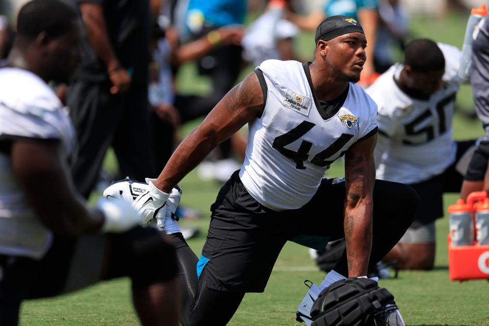 Jacksonville Jaguars linebacker Travon Walker (44) stretches Monday, Aug. 14, 2023 at Miller Electric Center at EverBank Stadium in Jacksonville, Fla. Today was the 14th training camp session. 