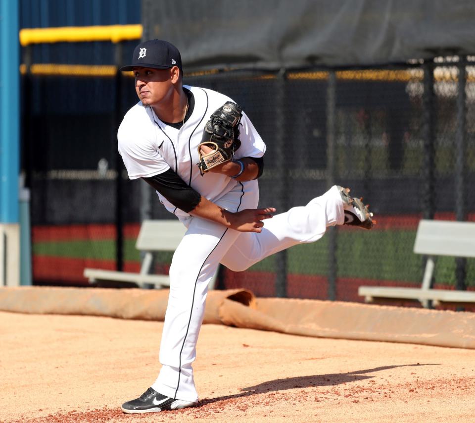 Tigers pitching prospect Keider Montero throws spring training minor league minicamp on Monday, Feb. 21, 2022, at Tiger Town in Lakeland, Florida.