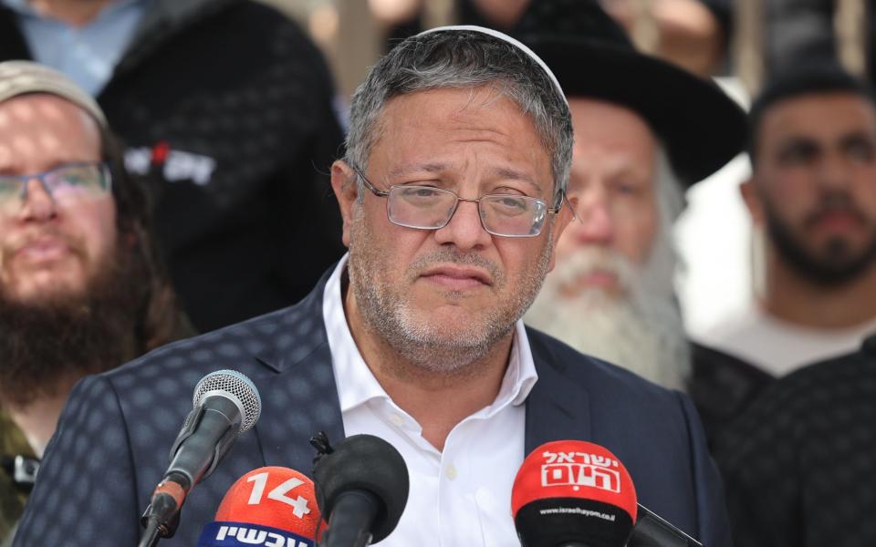 Israel's Minister of National Security Itamar Ben Gvir speaks during the funeral of Yitzhak Zeiger, 57, in Jerusalem, 01 March 2024. Zeiger is one of two Israeli victims of a shooting that occurred on 29 February near the West Bank settlement of Eli.