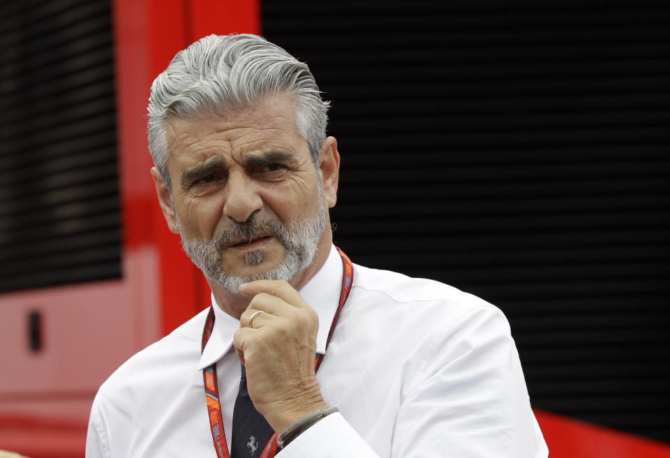 FILE - Former CEO of Juventus Maurizio Arrivabene gestures in the paddock, at the Monza racetrack, in Monza, Italy, Thursday, Aug.31, 2017. Juventus was hit with a massive 15-point penalty for false accounting Friday, Jan. 20, 2023 following an appeal hearing at the Italian soccer federation. Former vice-president Pavel Nedved, CEO Maurizio Arrivabene, Agnelli and the entire board of directors resigned past Monday, Nov. 28, 2022. (AP Photo/Luca Bruno, File)