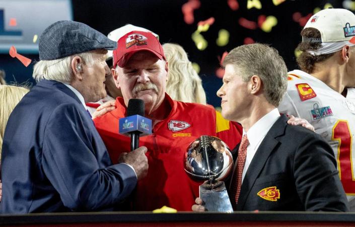 Kansas City Chiefs head coach Andy Reid was interviewed by Fox sports announcer Terry Bradshaw after defeating the Philadelphia Eagles 38-35 in the Super Bowl LVII football game on Sunday, Feb. 12, 2023, in Glendale, Ariz.