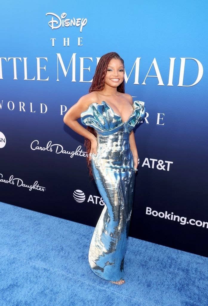 Halle Bailey at "The Little Mermaid" premiere in a metallic strapless gown