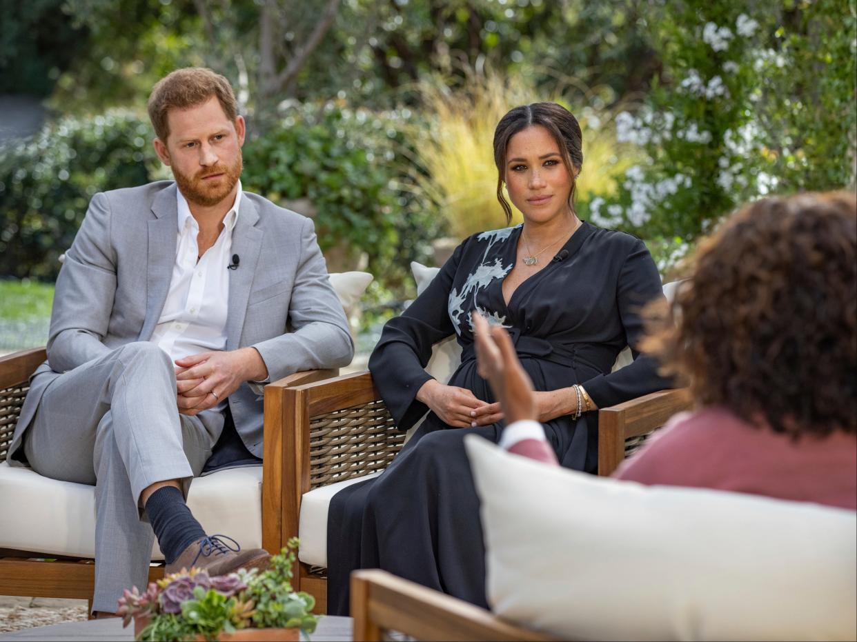 <p>Harry and Meghan’s bombshell Oprah interview came only weeks before Philip’s death</p> ((AP))