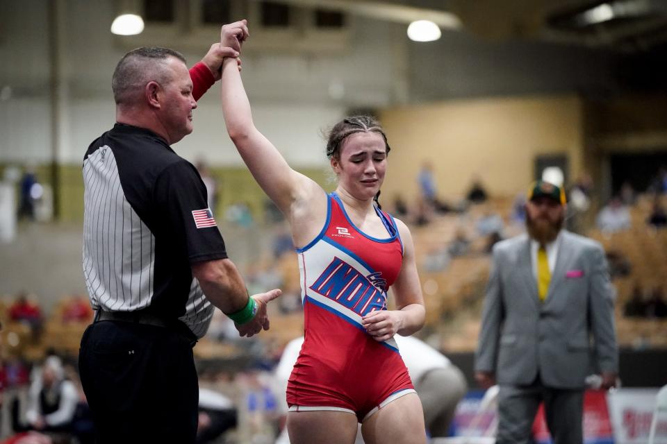 Montgomery Central’s Audrey Levendusky celebrates defeating Clarksville Northwest’s Sally Johnson during the girls 145 pound state championship match at the Williamson County Agricultural Exposition Park in Franklin, Tenn., Saturday, Feb. 24, 2024.