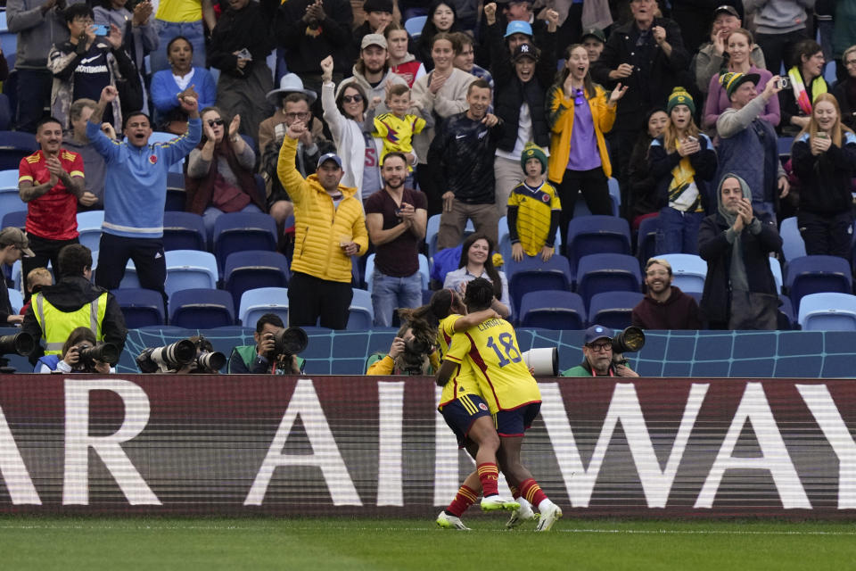 Colombia's Linda Caicedo celebrates after scoring her side's 2nd goal during the Women's World Cup Group H soccer match between Colombia and South Korea at the Sydney Football Stadium in Sydney, Australia, Tuesday, July 25, 2023. (AP Photo/Rick Rycroft)