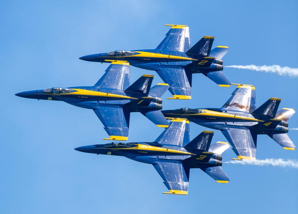 The U.S. Navy flight demonstration squadron, The Blue Angels, perform over Pensacola Beach during a previous Red, White & Blues Week air show.