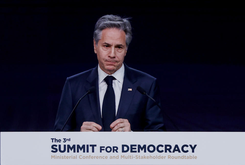 U.S. Secretary of State Antony Blinken delivers remarks at the third Summit for Democracy, in Seoul, South Korea, Monday, March 18, 2024. (Evelyn Hockstein/Pool Photo via AP)