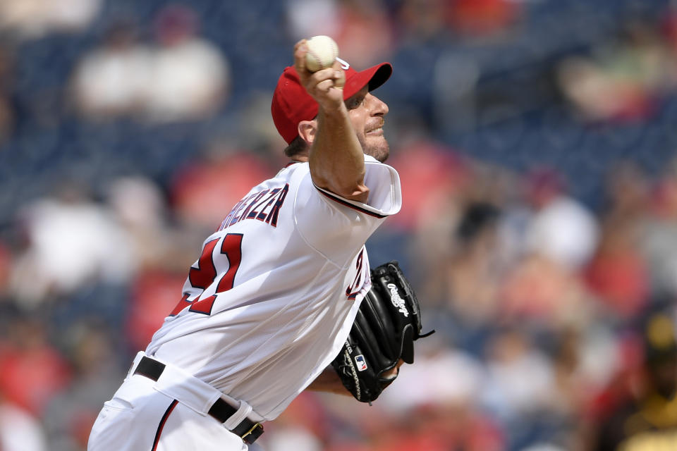 Washington Nationals starting pitcher Max Scherzer delivers during the fifth inning of a baseball game against the San Diego Padres, Sunday, July 18, 2021, in Washington. (AP Photo/Nick Wass)