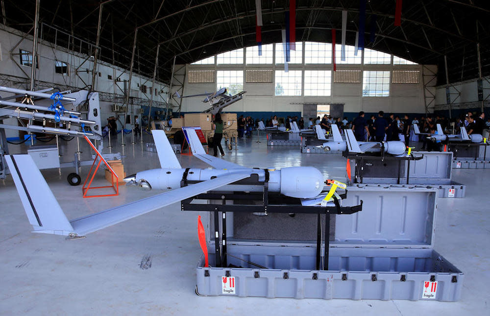 US ScanEagle Unmanned Aerial Vehicles are displayed at a hangar before a transfer from the US to the Philippine Air Force at the Villamor Air Base in Pasay city. — Reuters pic