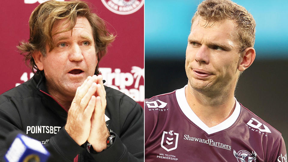 Pictured right is Manly fullback Tom Trbojevic, with coach Des Hasler on the left.