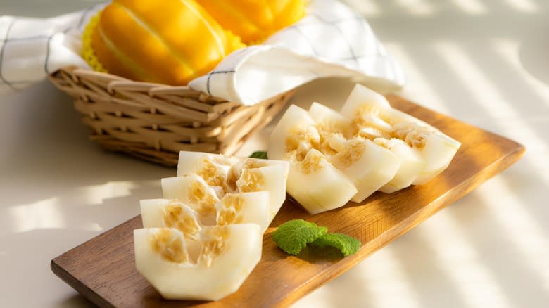 Korean melon on cutting board