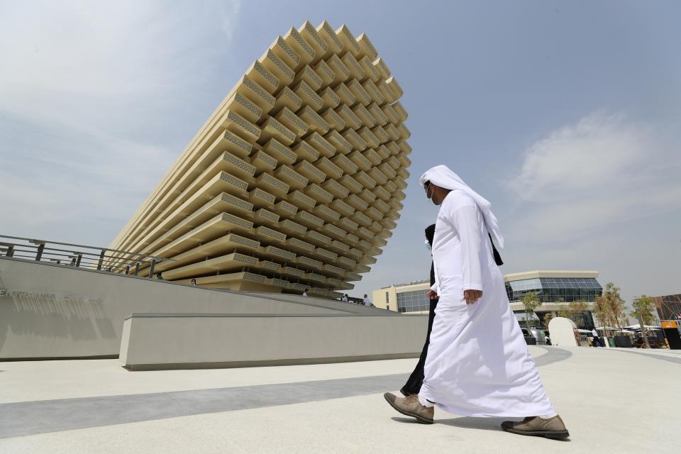 People visit the UK pavilion at the Dubai Expo 2020 in Dubai, United Arab Emirates, Saturday, Oct. 2, 2021. (AP Photo/Kamran Jebreili)