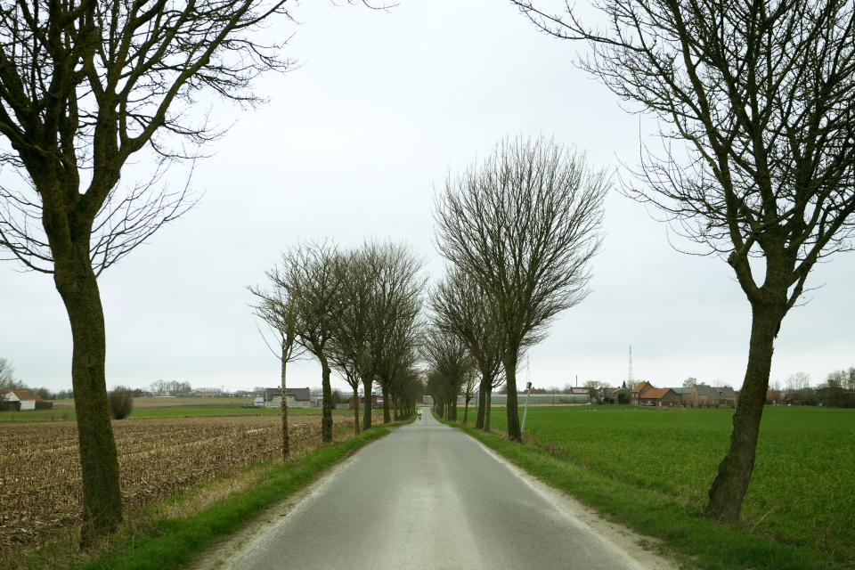 A man rides his bicycle down a road between two farm fields in West Flanders, Belgium, Wednesday, Feb. 21, 2024. After hundreds of tractors disrupted an EU summit in Brussels in early February, farmers plan to return on Monday to be there when farm ministers discuss an emergency item on the agenda; simplification of agricultural rules that some fear could also amount go a weakening of standards. (AP Photo/Virginia Mayo)