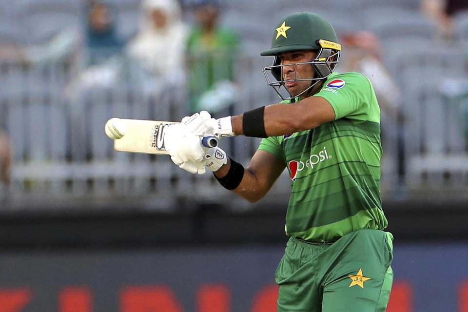 Iftikhar Ahmed of Pakistan bats during their T20 cricket match against Australia in Perth, Australia, Friday, Nov. 8, 2019. (Richard Wainwright/AAP Image via AP)