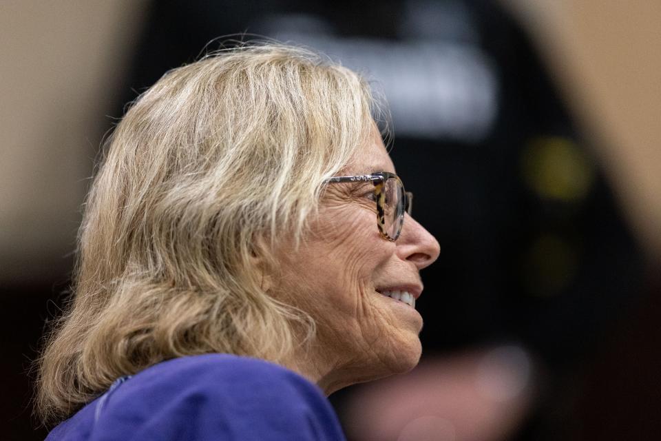 Donna Adelson reacts to statements made about her treatment at the Leon County Jail by LSCO Chief Norman Mack during a motion hearing on Monday, Dec. 11, 2023.