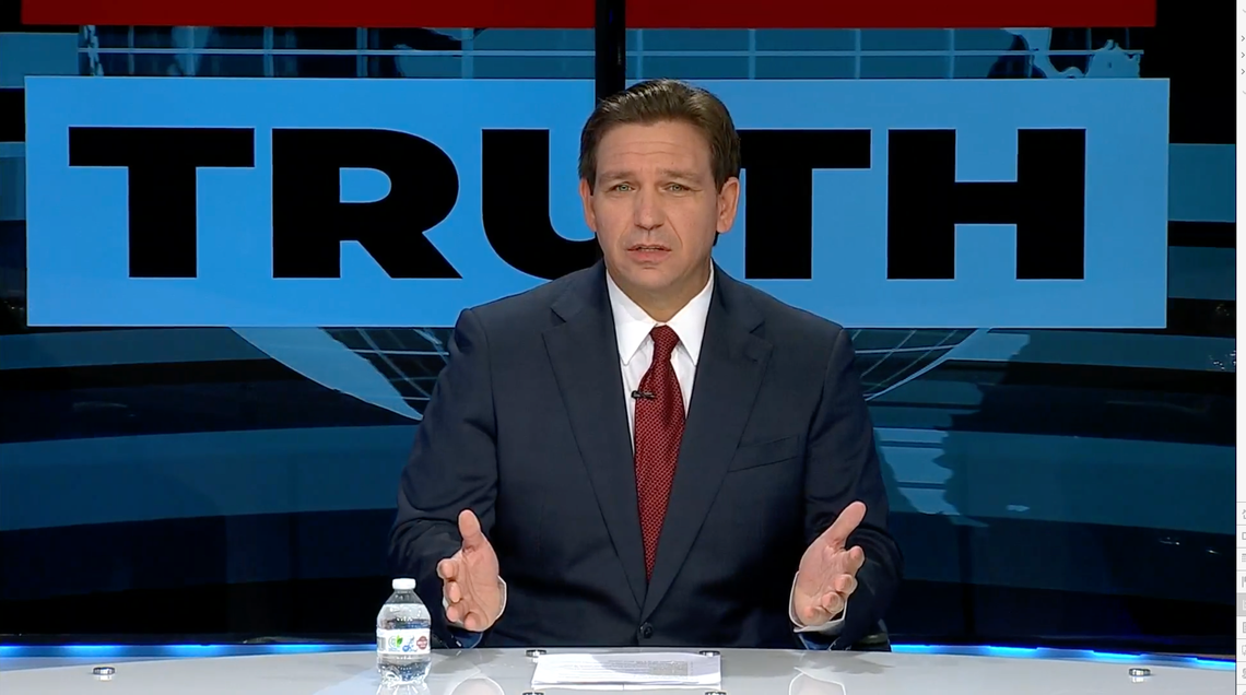 Gov. Ron DeSantis first called for legislation to make it easier to sue news organizations and others for defamation at a Feb. 7 roundtable in which he sat in a mock cable news set with a panel of commentators who had sued legacy media companies,