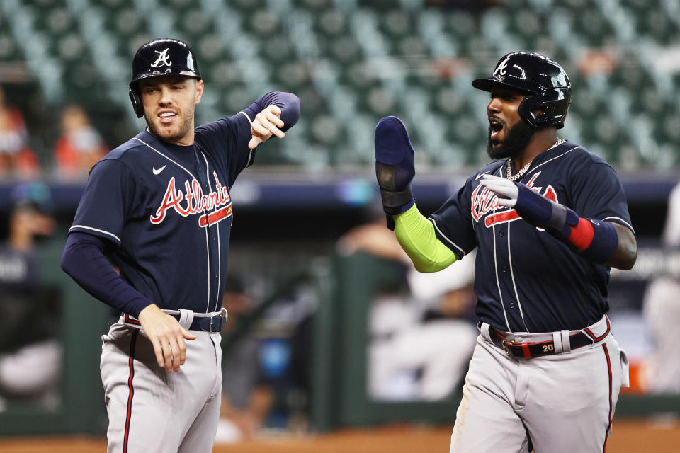 The Braves are headed to the NLCS for the first time since 2001 after sweeping the Marlins. (Photo by Elsa/Getty Images)