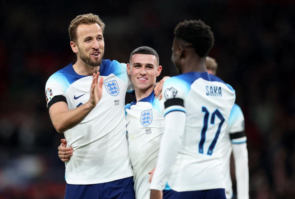 Harry Kane, Bukayo Saka and Phil Foden could be England’s starting three (Getty Images)