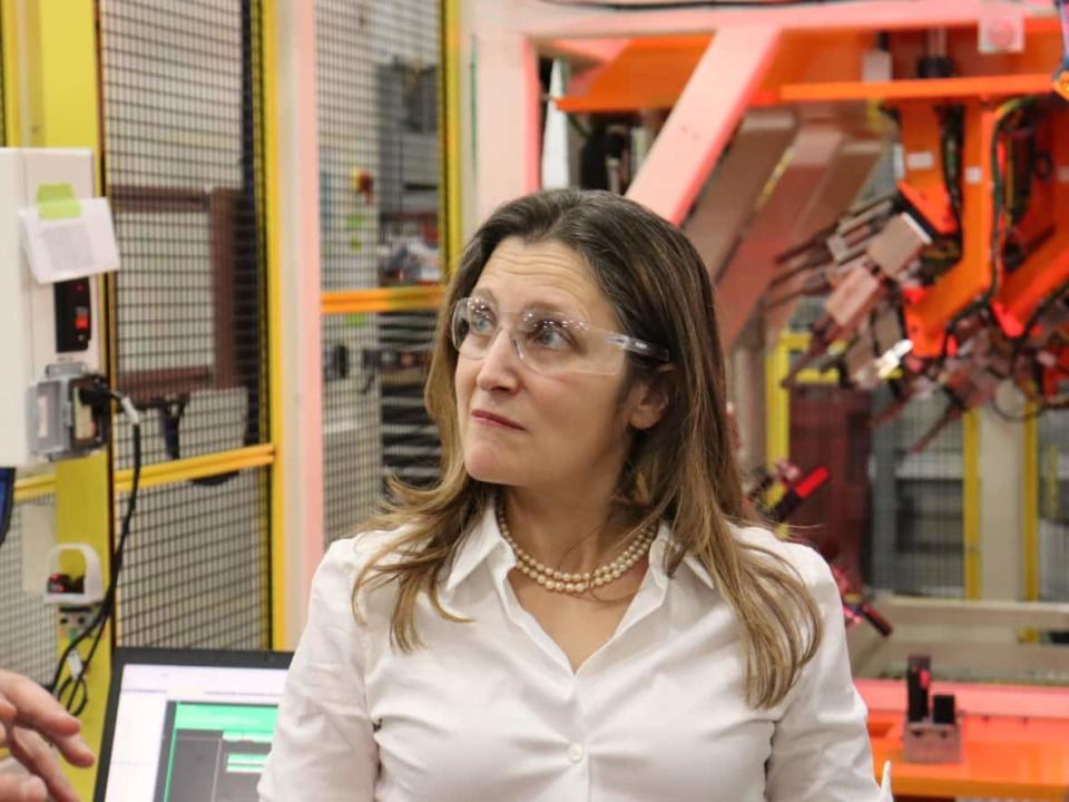 Deputy Prime Minister and Finance Minister Chrystia Freeland visited at Reko Automation factory in Lakeshore, Ont. on Monday.  (Jennifer La Grassa - image credit)