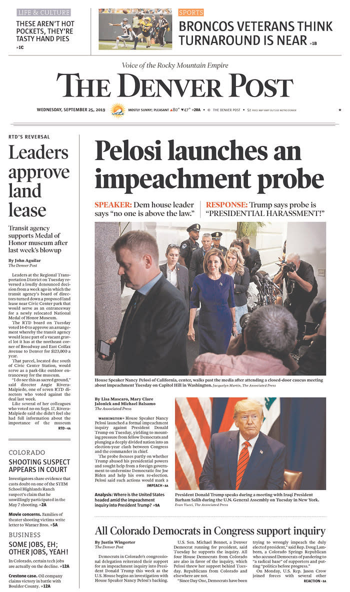 Pelosi launches an impeachment probe The Denver Post Published in Denver, Colo. USA. (newseum.org)