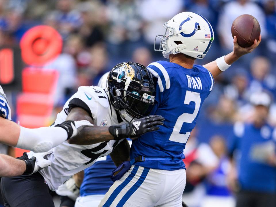 Jaguars defense gets to Matt Ryan during a game against the Indianapolis Colts.