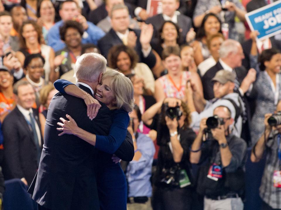 Joe Biden embraces Jill Biden at the Democratic National Convention in 2012.