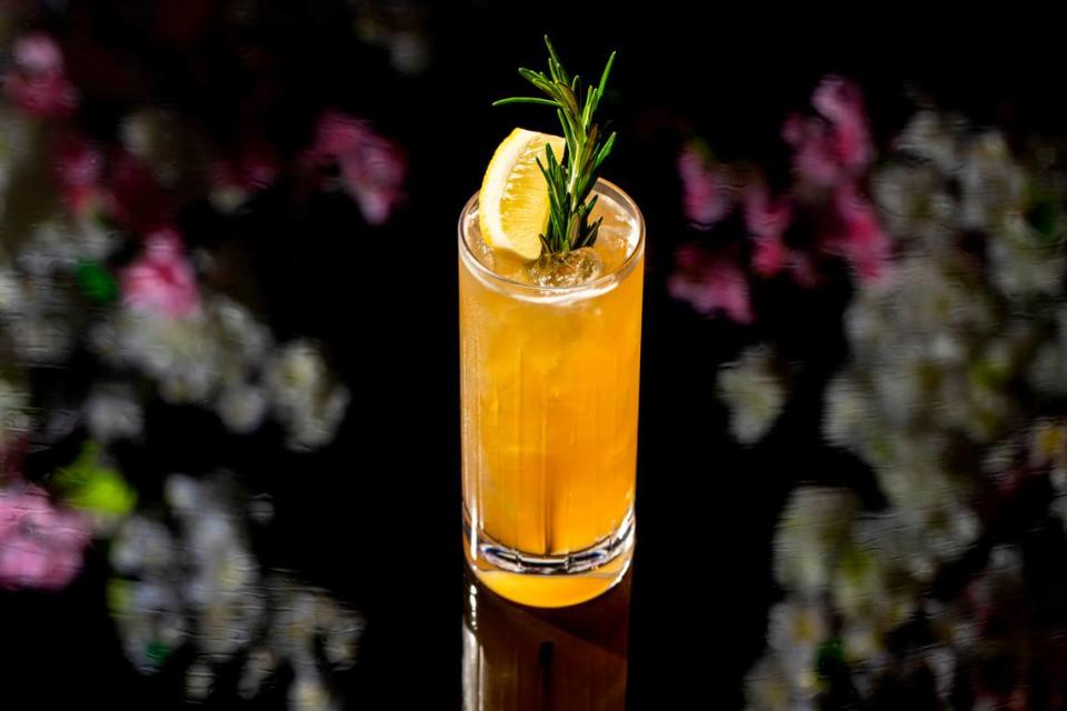 The ‘Bonded & Free’ cocktail from STK Steakhouse made with Jack Daniel’s bonded whiskey, cointreau, peach purée and rosemary.