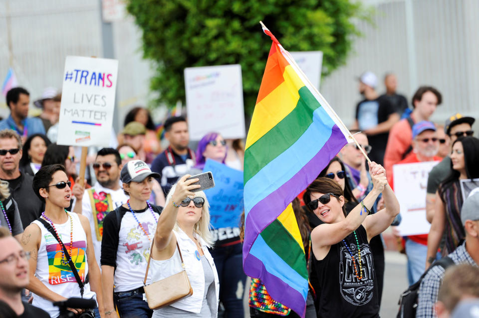 People participate in the #ResistMarch in Los Angeles